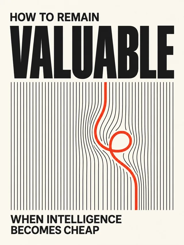 Cover of How to Remain Valuable When Intelligence Becomes Cheap: black type on cream above a field of vertical lines, one red line bending around a loop